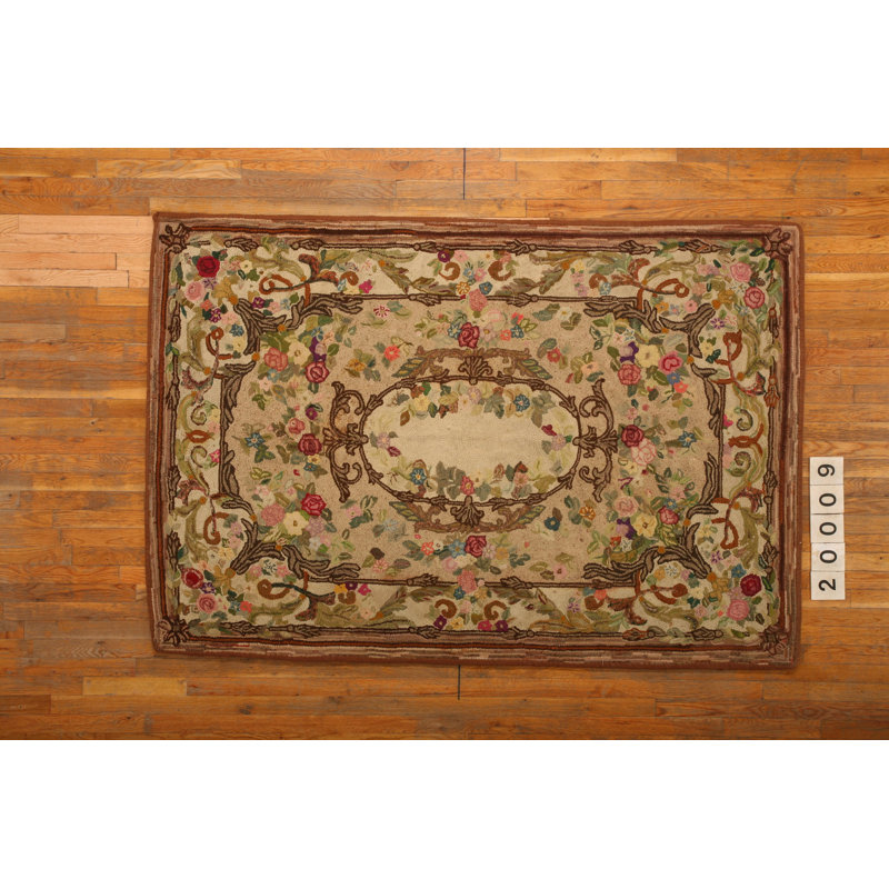 Small Scatter Size Wool Hooked Ivory American Antique 1930s Rug