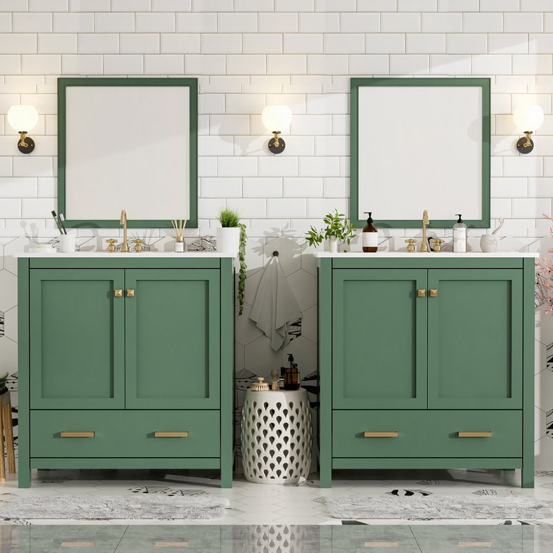Ensemble de meuble-lavabo 60 po avec lavabos doubles (séparés), lavabos doubles en céramique, tablette de rangement et tiroirs séparés (miroir non inclus) - Solution de salle de bain pour salles de bain spacieuses