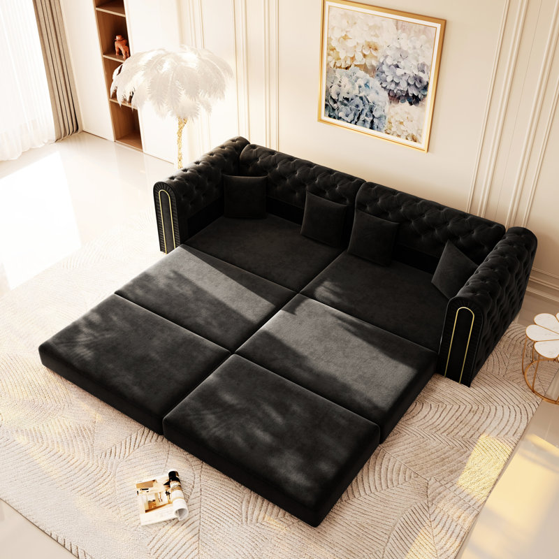 Canapé gain de place 3 places en 1, gris foncé, capitonné, finitions dorées, 4 coussins inclus, beige, élégant 21 cm, pour salon