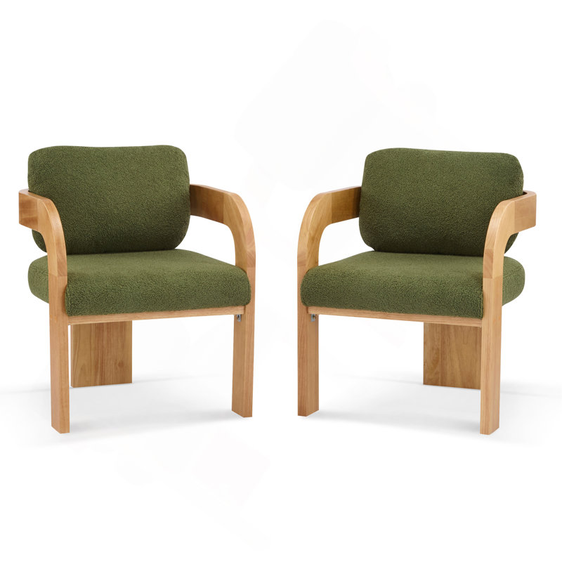 Ensemble de 2 chaises de salle à manger avec dossier coussiné, structure en bois massif, Vert bouclé, Naturel