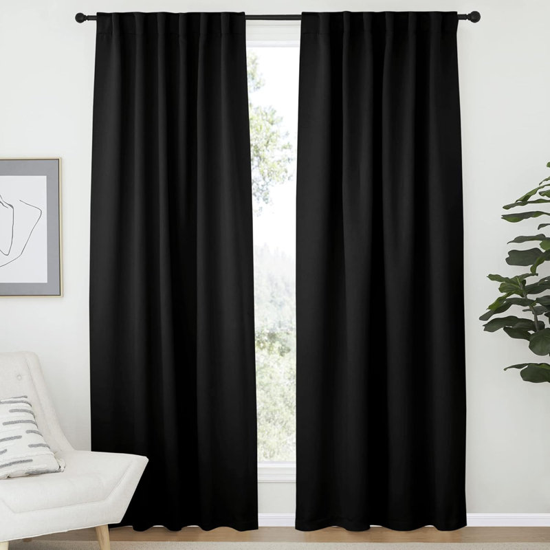Blackout Curtain Light & Noise Reducing Room Darkening Drapes for Bedroom/Living Room/Kitchen, 2 Pieces, 52" W x 72" L, Black
