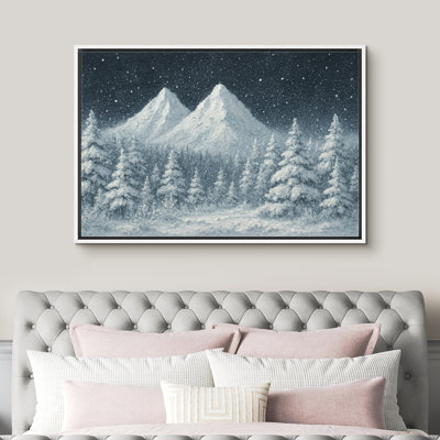 Winter Snowy Twin Mountains and Pine Forest Night Scene Print Pictures Frame Canvas Print Wall Art