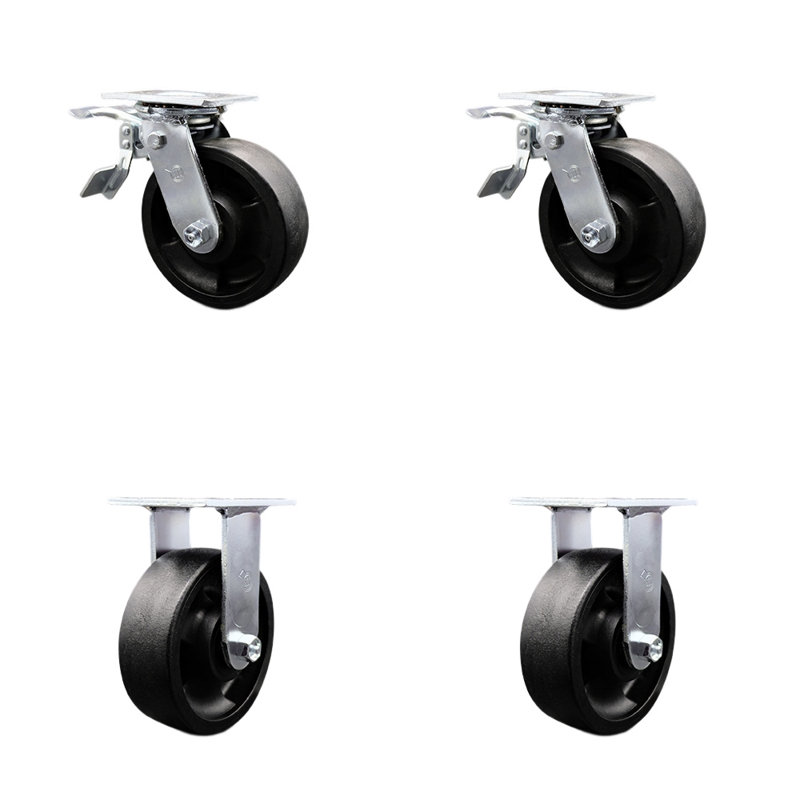 6 Inch Glass Filled Nylon Caster Set with Ball Bearings 2 Brakes 2 Rigid SCC
