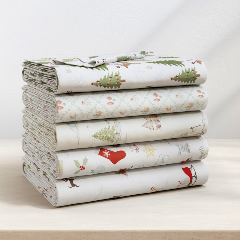 100% Turkish Cotton Flannel Christmas Sheet Sets, Winter Pups, King with 2 Pillowcases