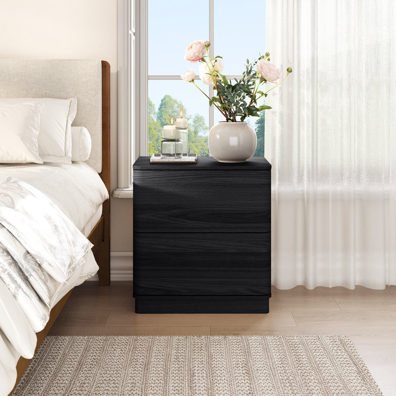 Minimalist Textured Rounded Corner 2-drawer Nightstand, Black