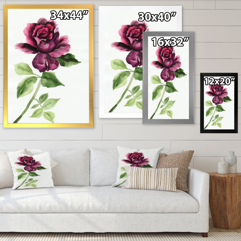 Rose rouge avec bourgeons - Art mural sur toile traditionnel, H 24 po x l 36 po x P 1 po, Toile argentée avec cadre photo