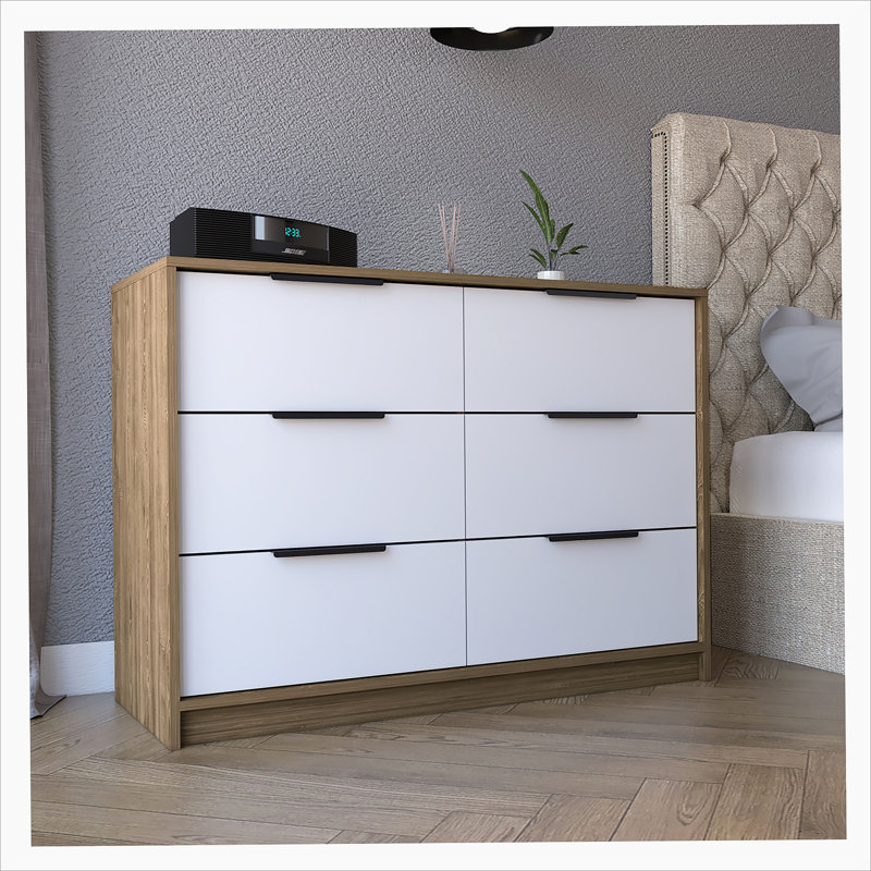 Kaia White and Pine 6-Drawer Modern Dresser