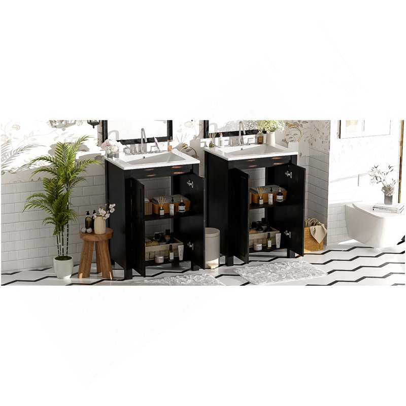 Ensemble de meuble-lavabo 48 po avec lavabos doubles (séparés), lavabos doubles en céramique, tablette de rangement et portes à fermeture en douceur 48 po