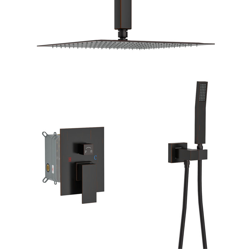 Oil Rubber Bronze 16 Inch Square Ceiling Mount Dual Shower With - Balanced Valve, Adjustable Water Flow, And Easy To Clean Rain Head Mounted Function In Shape, Finish, Rainfall Spray, Scald Protection