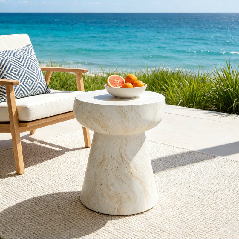 Table d'appoint et tabouret de jardin en forme de champignon, Beige/Or