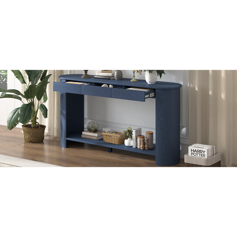 Console en placage de chêne moderne 59,8 po avec 3 tiroirs, table d'entrée de style campagnard avec tablette, table de canapé en bois de conception semi-circulaire