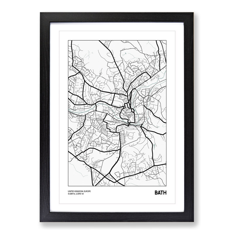 Map Bath UK - Picture Frame Graphic Art, 36cm H x 27cm W x 2cm D, Black Framed