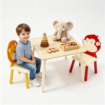 3-Piece Kids Wooden Table and Chair Set, Lion & Monkey Cartoon Toddler Activity Table with 2 Chairs for Playroom Nursery