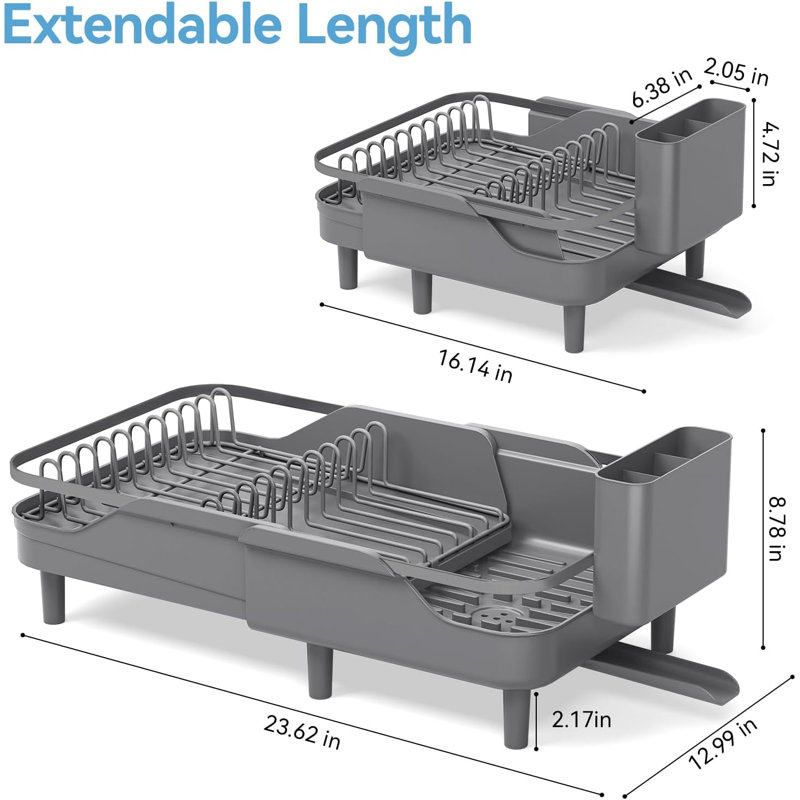 Égouttoir à vaisselle extensible, gris mat, capacité réglable, plateau d'égouttage autonettoyant, structure en acier robuste, support à assiettes stable.