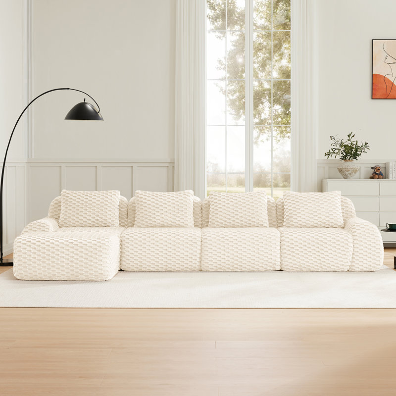 146" Modern L-Shaped Modular Sectional Sofa for Living Room,Flannelette Fabric,Oversized 4-Seater Couch,boneless sofa ,Movable Ottoman,Buckle connection,Anti-slip Design,No Assembly