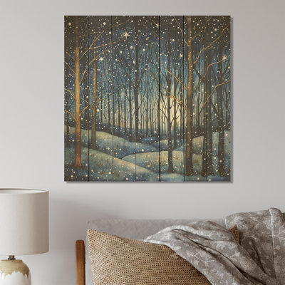 Fête de la nuit étoilée, paysage d'hiver sur bois - fruits sur bois