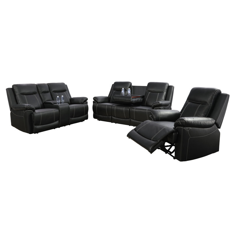 Ensemble de salon inclinable 3 pièces Rone, Similicuir noir