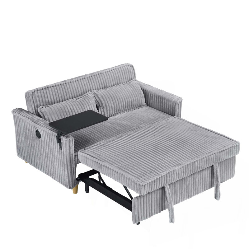 The Pull-Out and Push-In Corduroy Sofa with Dual Functions, Equipped with a Movable Tabletop and Usb Ports, is Suitable for Use in Living Rooms and Bedrooms