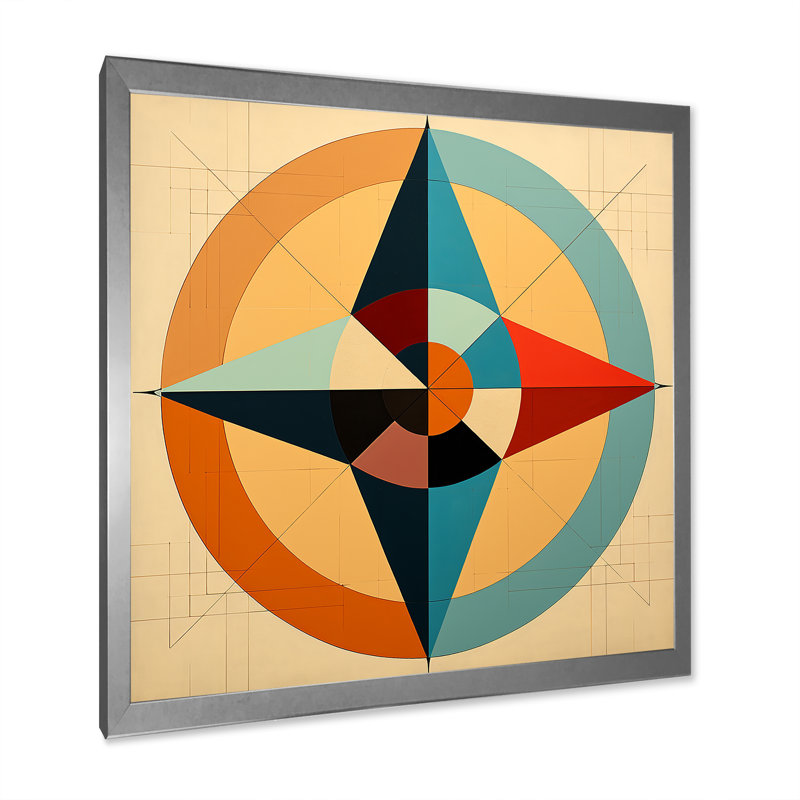 «Midcentury Compass», abstrait géométrique rétro sur toile, H 16 po x l 16 po x P 1 po, Cadre simple argenté