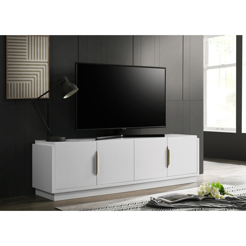 Meuble télé blanc de 70 po avec 4 portes, tablette réglable et système anti-retour. Console à 4 portes, tablette, rangement pratique.