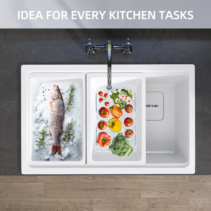 30" L X 20" W  Drop In Workstation Granite Composite Sink In White With With Prep Sink And Colander