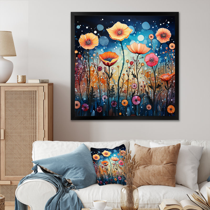 Fleurs sauvages fantaisistes pointillisme II sur toile, H 30 po x l 30 po x P 1 po, Cadre simple noir