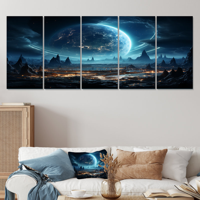 «White and Blue Cosmic Space Landscape I - Planets», ensemble de 5 pièces d'art mural, H 28 po x l 60 po