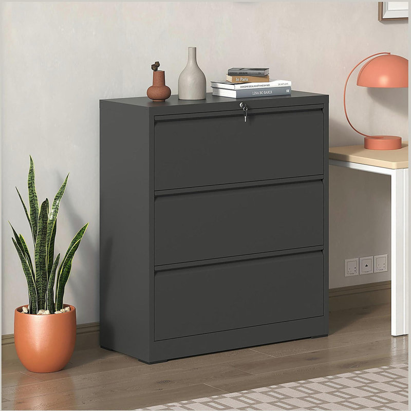 Lateral Metal File Cabinet 3 Drawer, Filing Cabinet with Lock, Black