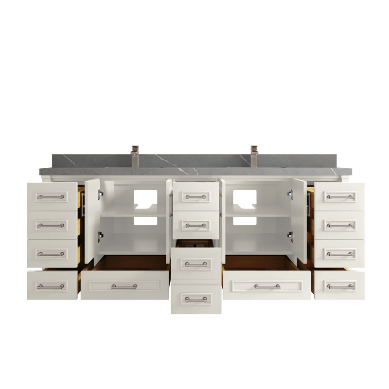 Aberdeen 84'' Double Bathroom Vanity with Quartz Top, Alabaster, Calacatta Poanazzo