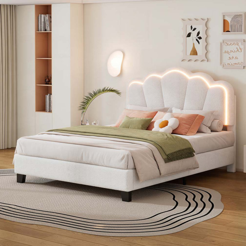 Upholstered Flower-Shape Bed, Full, White