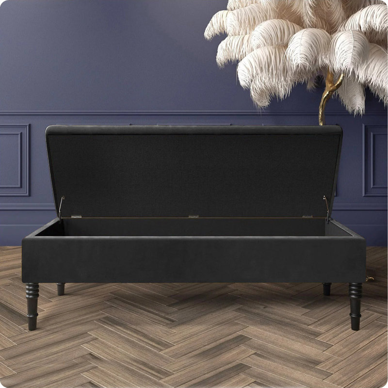 Safar Plain Upholstered Plush Velvet Ottoman Storage Bench with Black Turned Wooden Legs, Black, 40cm H x 90cm W x 40cm D