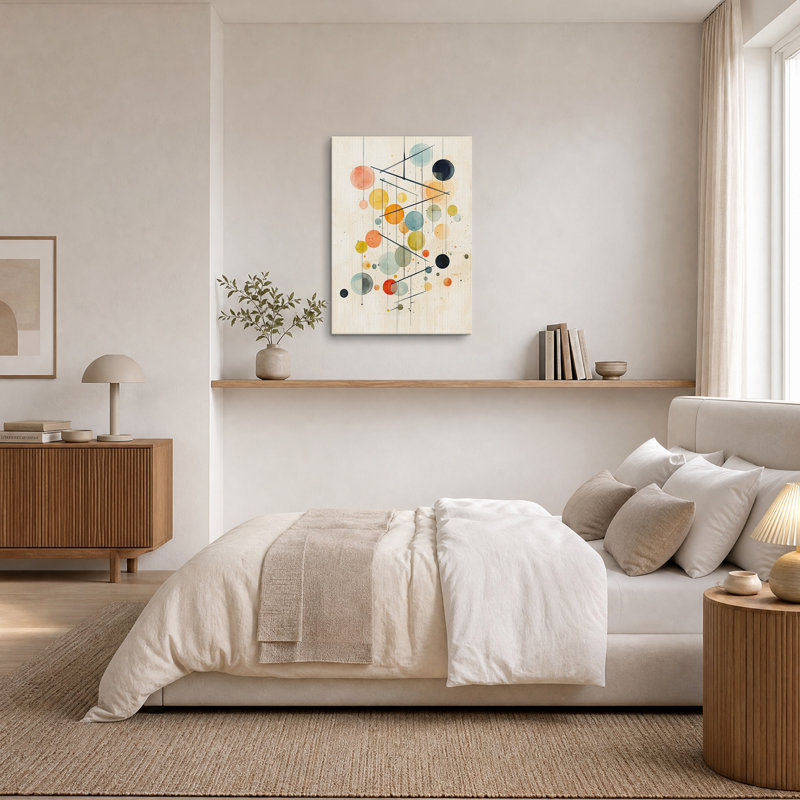 Tableau sur toile avec sphères multicolores suspendues et lignes noires, H 48 po x l 36 po