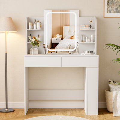 Bureau de coiffeuse avec miroir et lumières DEL, coiffeuse de maquillage avec 3 couleurs d'éclairage, luminosité réglable, coiffeuse avec 2 tiroirs, rangement latéral, pour la chambre à coucher