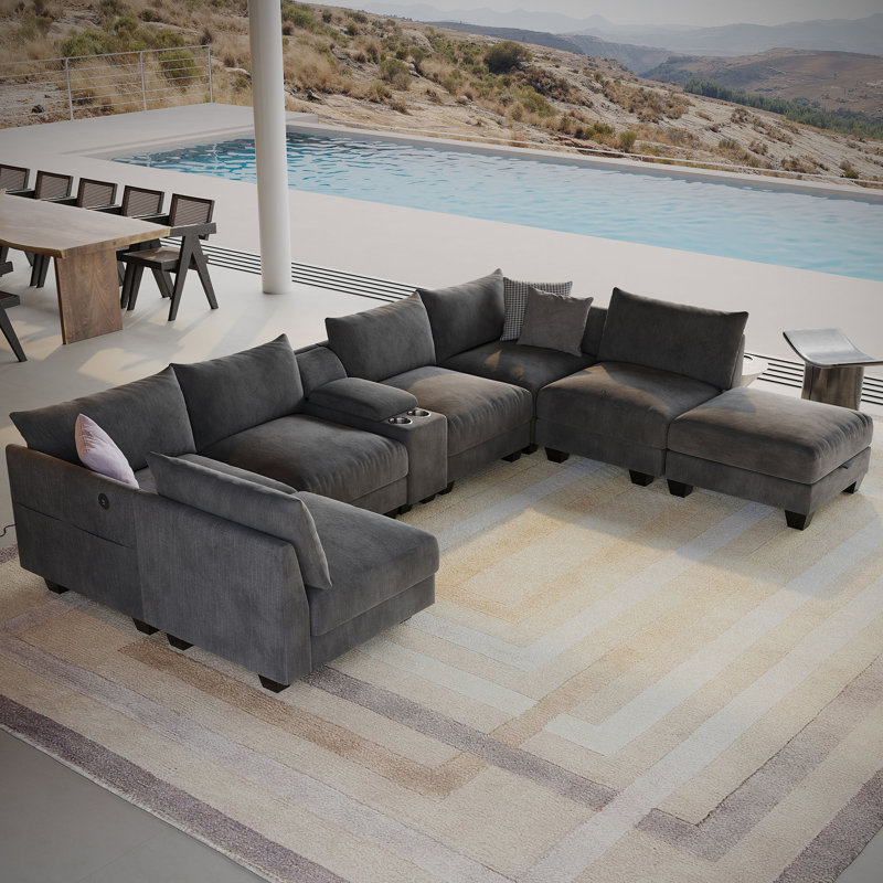 136 '' Modern U-shaped Sectional Sofa, Living Room Modular Cloud Couch With Ottoman And Console, Gray