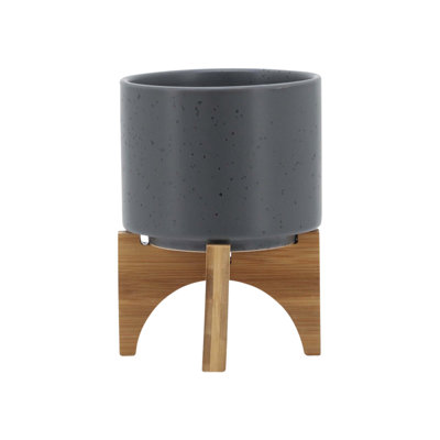 Jardinière en céramique exquise avec support en bois, polyvalente pour diverses plantes et espaces, idéale pour la maison et le jardin.