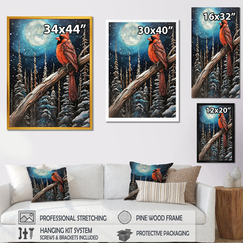 Red Cardinal Bird Under Full Moon I - Animals Bird Canvas Art Print, H 32 po x l 24 po x P 1 po, Cadre photo noir