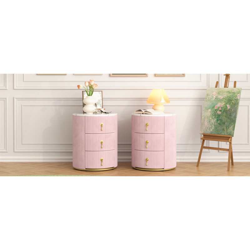 Table de chevet rembourrée à 3 tiroirs, Individuel, Rose
