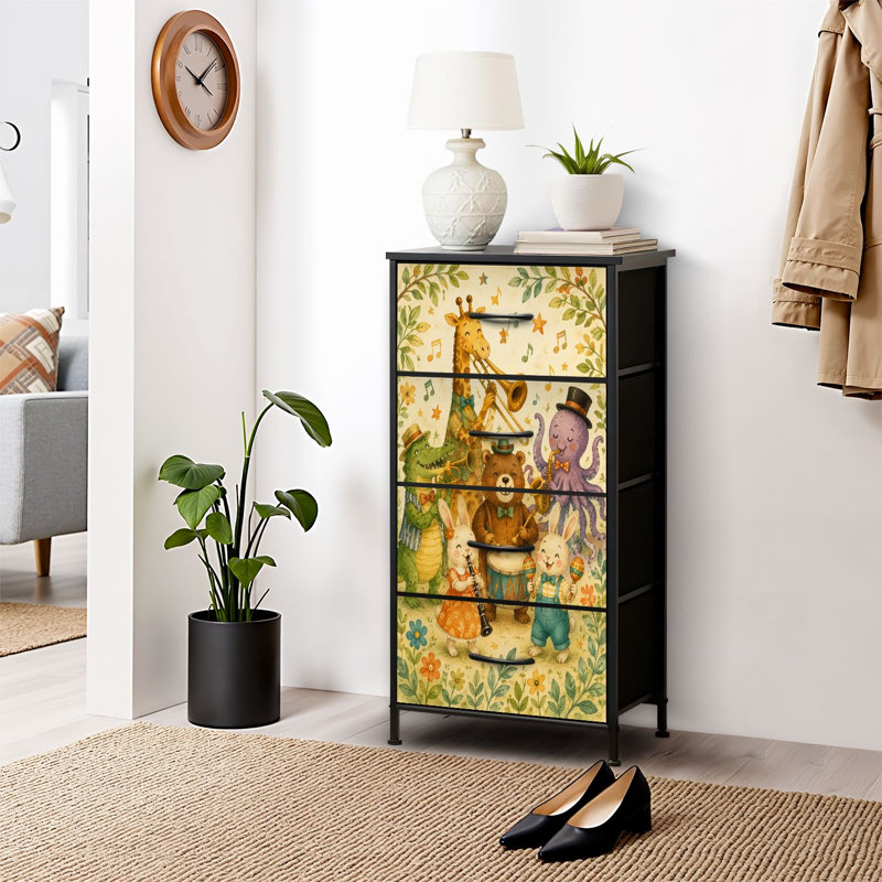 Commode 4 tiroirs pour chambre à coucher, commode étroite, plateau en bois et structure en fer 18 po x 37,5 po - (l x H) - avec bande fantaisiste