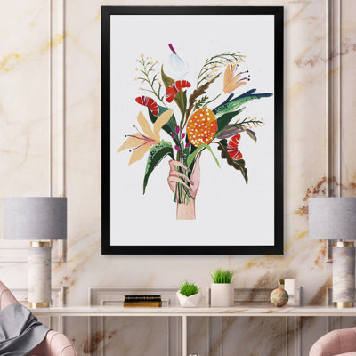 Femme tenant un bouquet de fleurs avec des fruits - Peinture sur toile