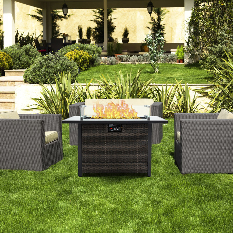 50,000 Propane Gas Fire Table, Outdoor Pit With Base And Glass Wind Guard, For Patio Backyard Garden, Appealing Design Modern Output, Gas, Guard Garden