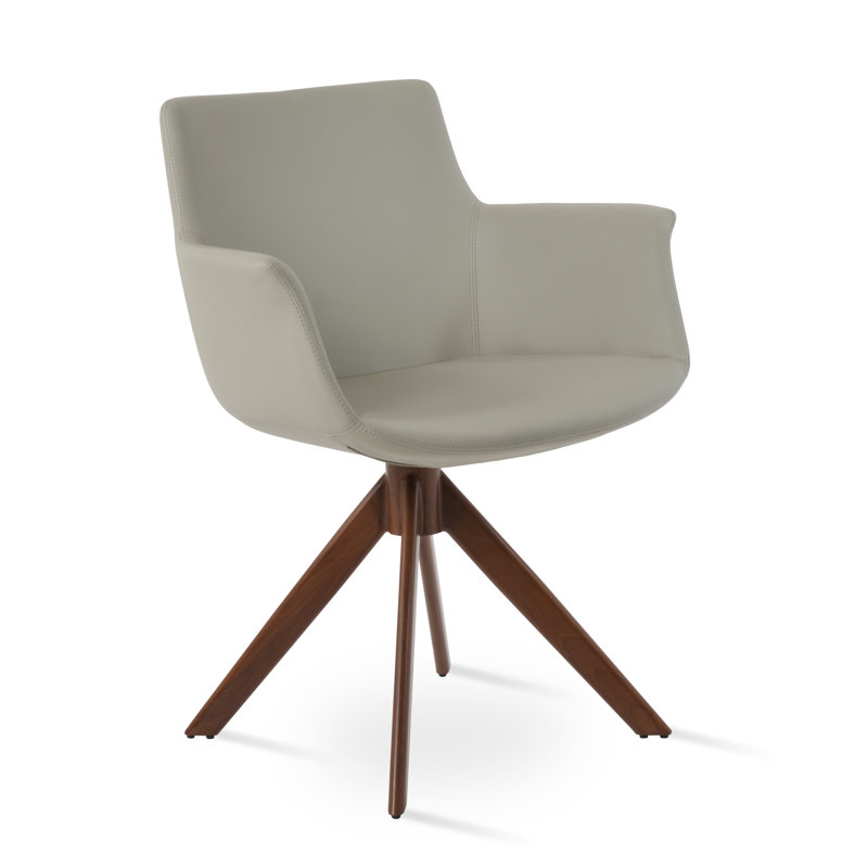 Bottega Metal Solid Back Arm Chair, Light Gray Faux Leather, Walnut