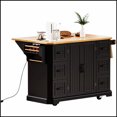 56 Inch Rustic Rolling Kitchen Island with Drop Leaf, Power Outlet, and Ample Storage on Wheels