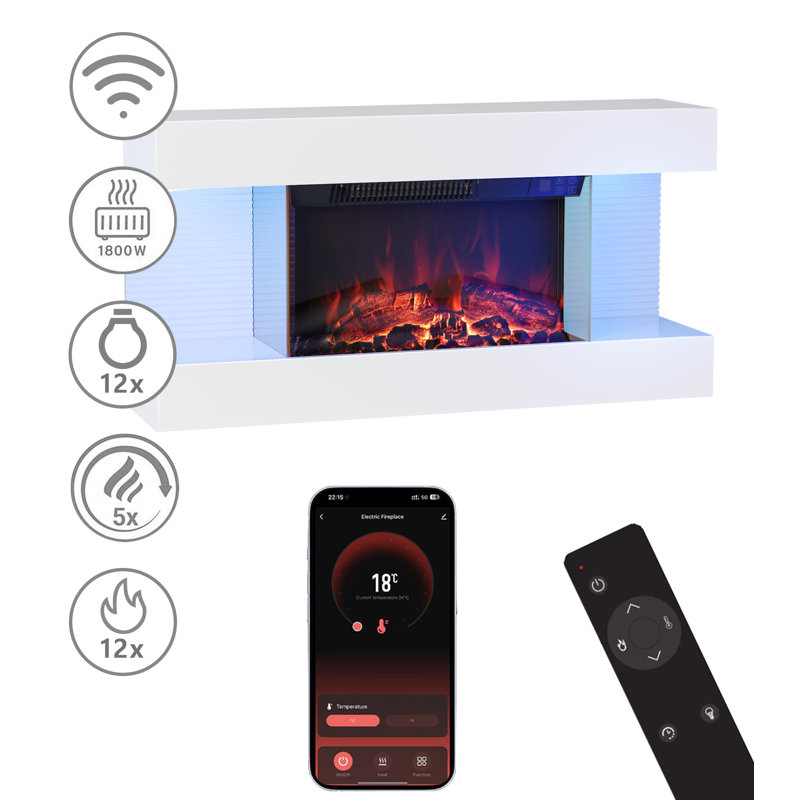 Wall Mounted Electric Fireplace With Multi Ambient Light Colors, Remote, 1800w Heater, White, 42cm H x 153cm W x 20.6cm D