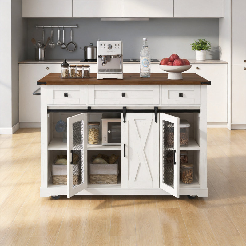 Îlot de cuisine de ferme avec station de charge et abattant, chariot de cuisine roulant de 58 po avec portes de grange coulissantes, support à épices et porte-verres, grande table d'îlot mobile avec rangement pour petites cuisines