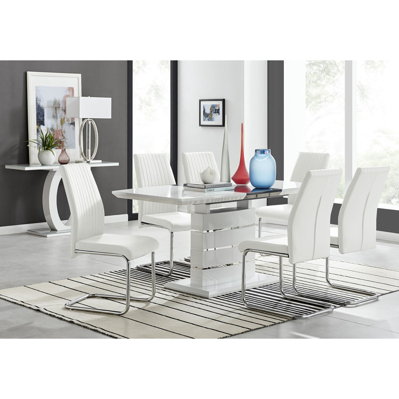Renne Modern High Gloss Extendable Dining Table Set With 6 Upholstered Faux Leather Dining Chairs, White