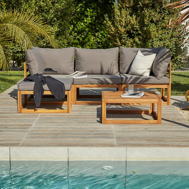 Rimasha 3 Seater Wooden Garden Sofa Set with Footstool & Coffee Table, Grey