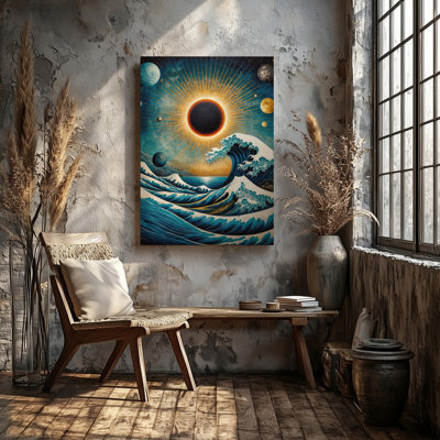 Toile, une scène cosmique vibrante mettant en vedette un soleil radieux au centre d'art mural entouré de corps célestes tourbillonnants, y compris des lunes