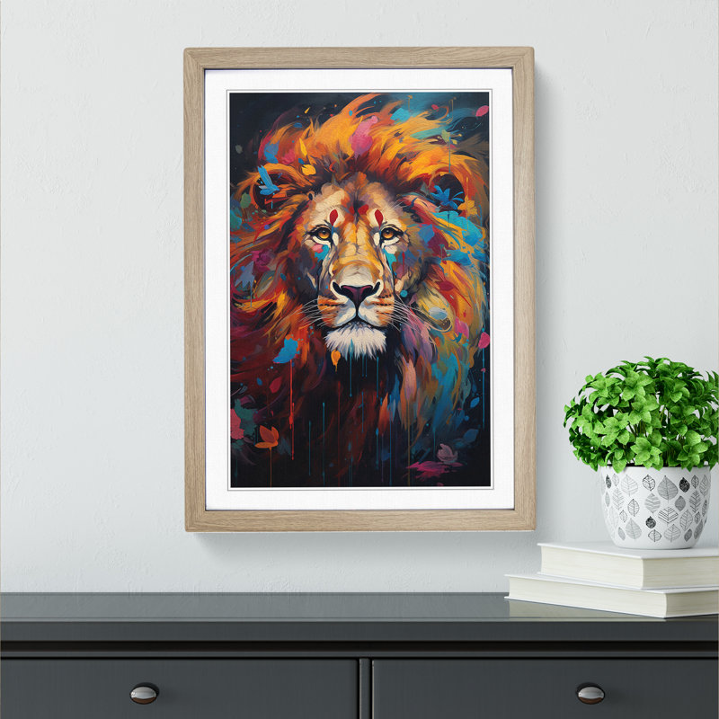 Lion Informel - Single Picture Frame Print on Wood, Oak Framed, 46cm H x 34cm W x 2cm D