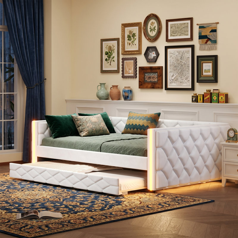 87" Wide Full XL Daybed Sofa with Trundle, Upholstered Sleeper Bed with LED Lights, White