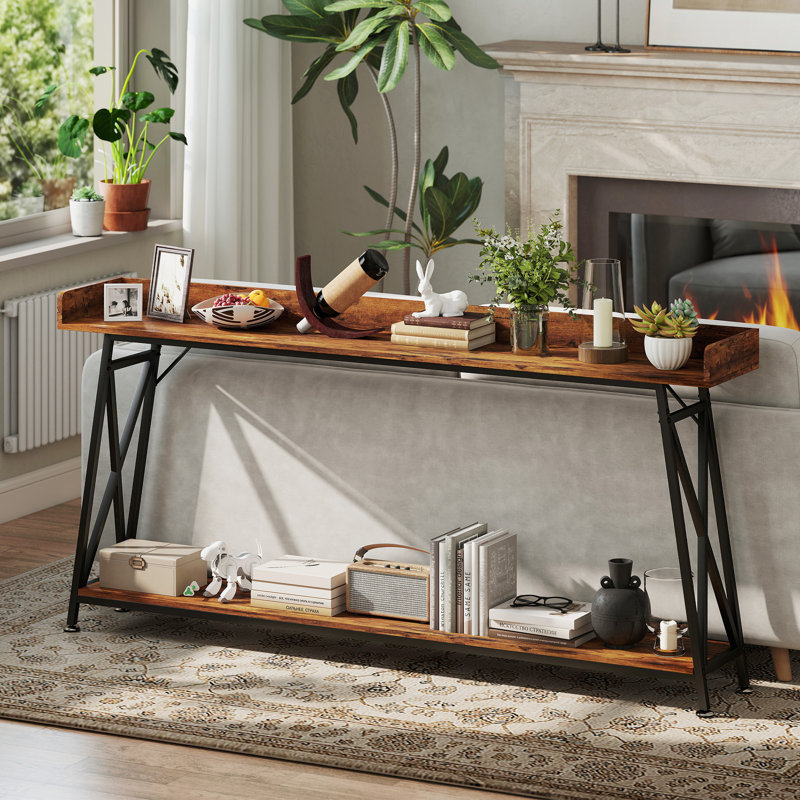 Console 71 po, table d'entrée avec tablette de rangement, brun rustique